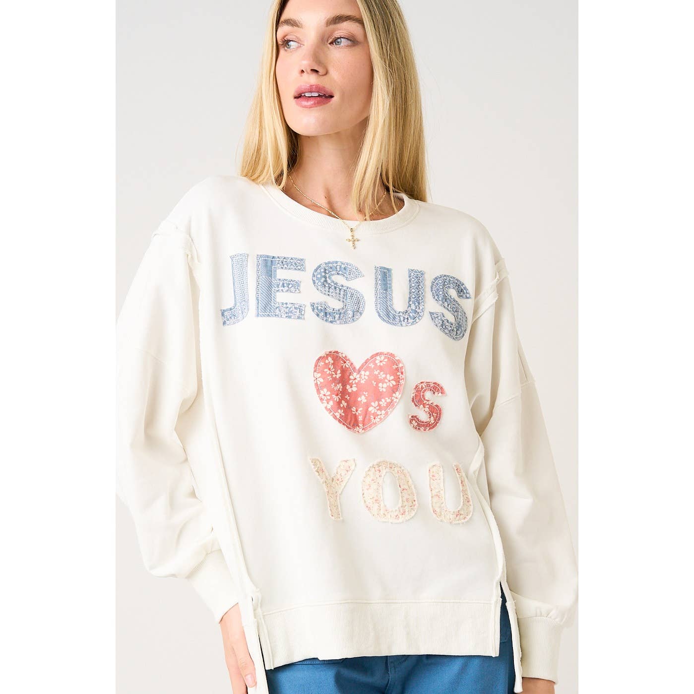 JESUS LOVES YOU PATCHWORK MINERAL WASH SWEATSHIRT
