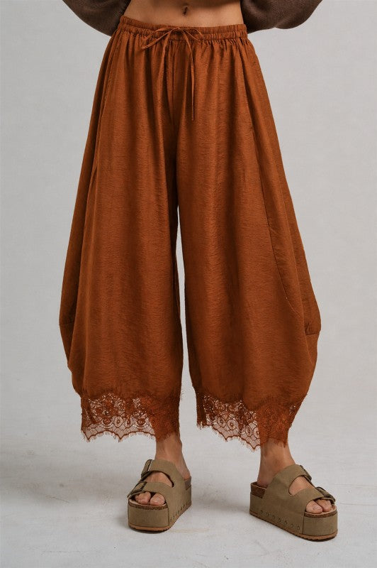 Lightweight Flowy Wide Balloon Leg Pants With Delicate Lace