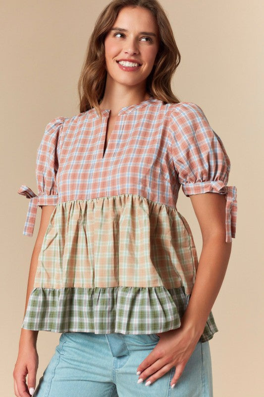 Plaid Color Block Tiered Blouse