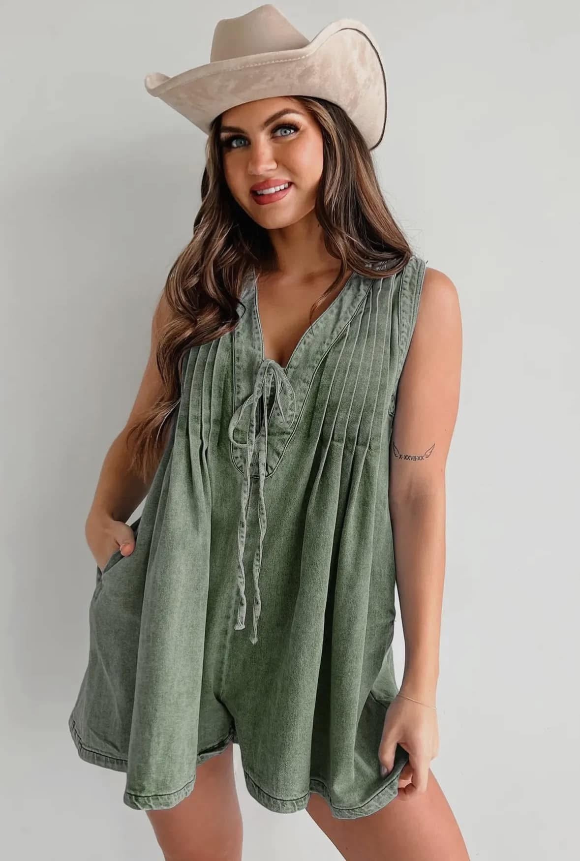 Front Pleated V Neck Sleeveless Denim Romper (Olive and Black)