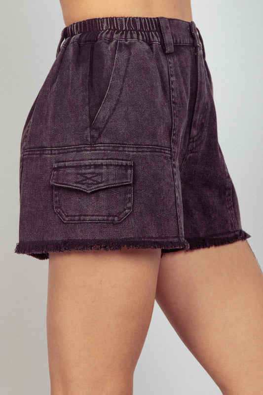 Washed Cotton Twill Denim Cargo Shorts