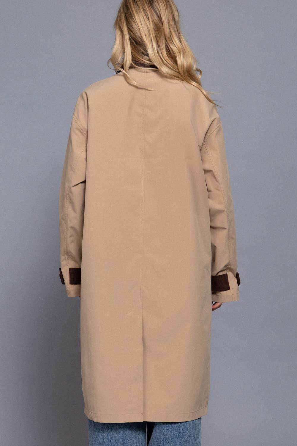 Long Sleeve Contrast Collar Button Down Long Trench Coat