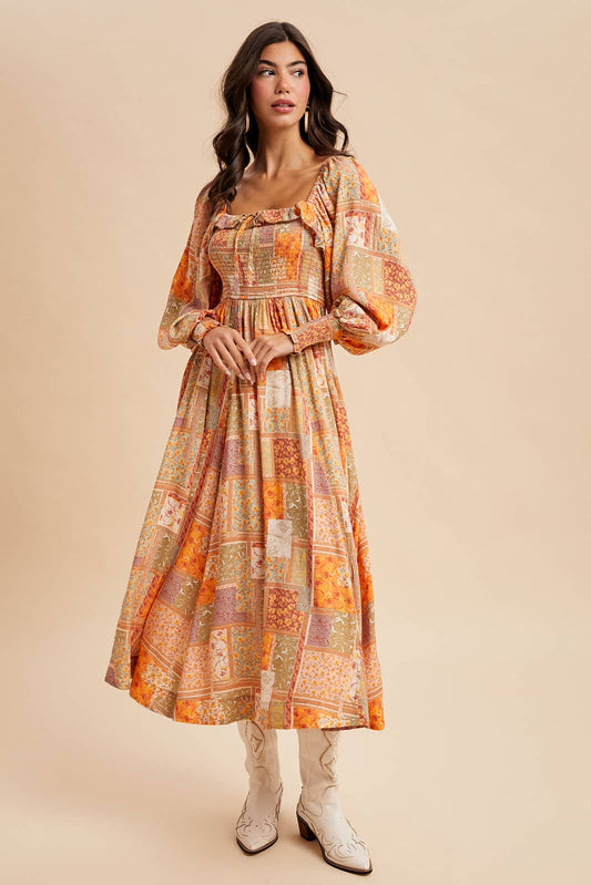 Smocked Ruffle Patchwork Dress