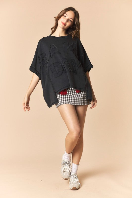 Game Day Patch Monochrome French Terry Top in Black