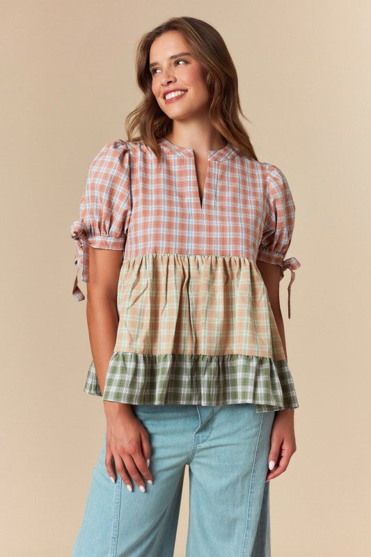Plaid Color Block Tiered Blouse