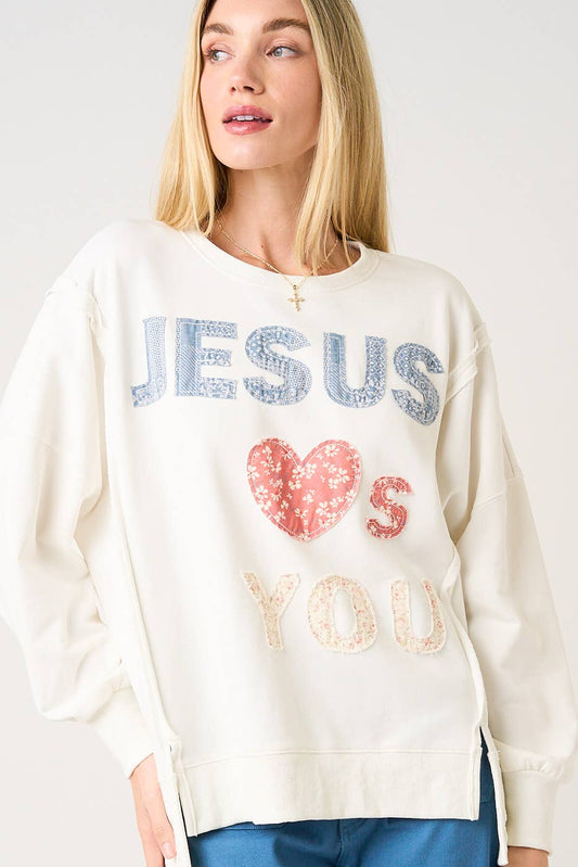 JESUS LOVES YOU PATCHWORK MINERAL WASH SWEATSHIRT