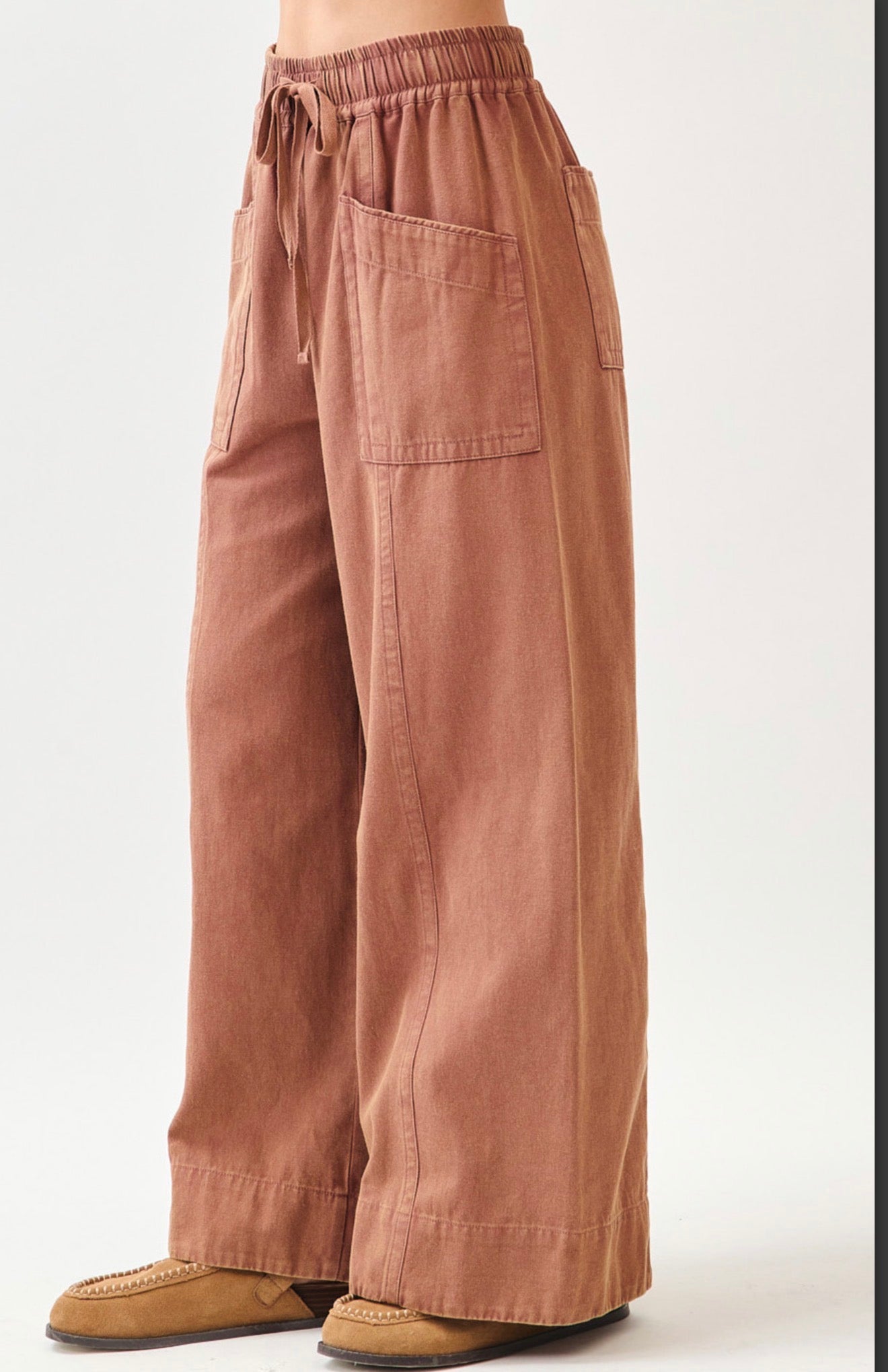 Mineral Wash Wide Leg Elastic Waist Twill Pants