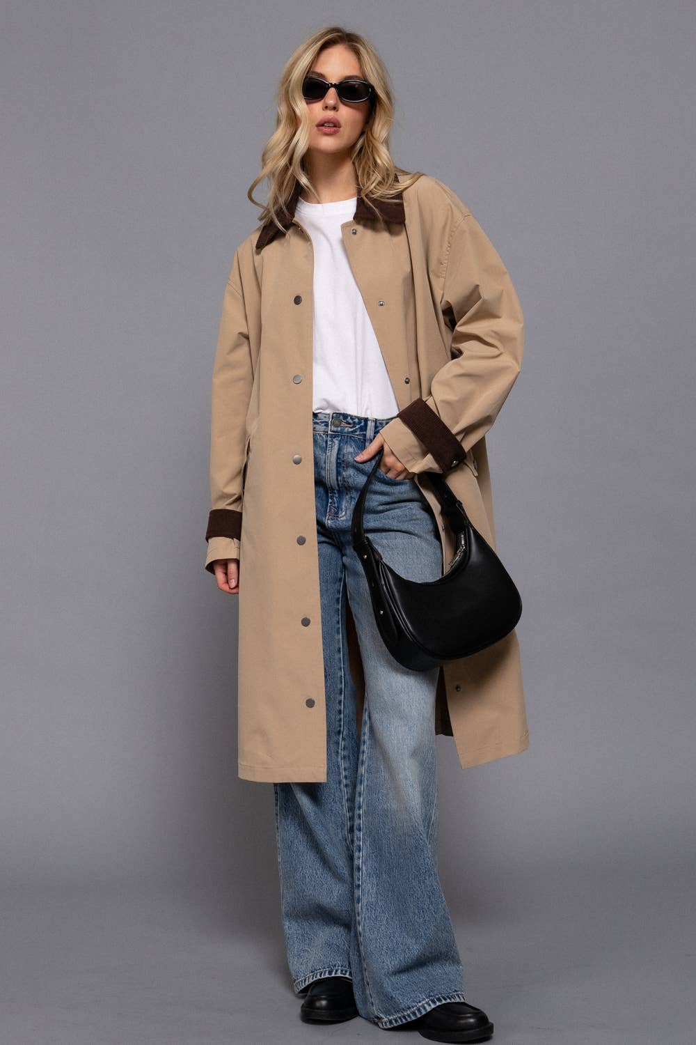 Long Sleeve Contrast Collar Button Down Long Trench Coat