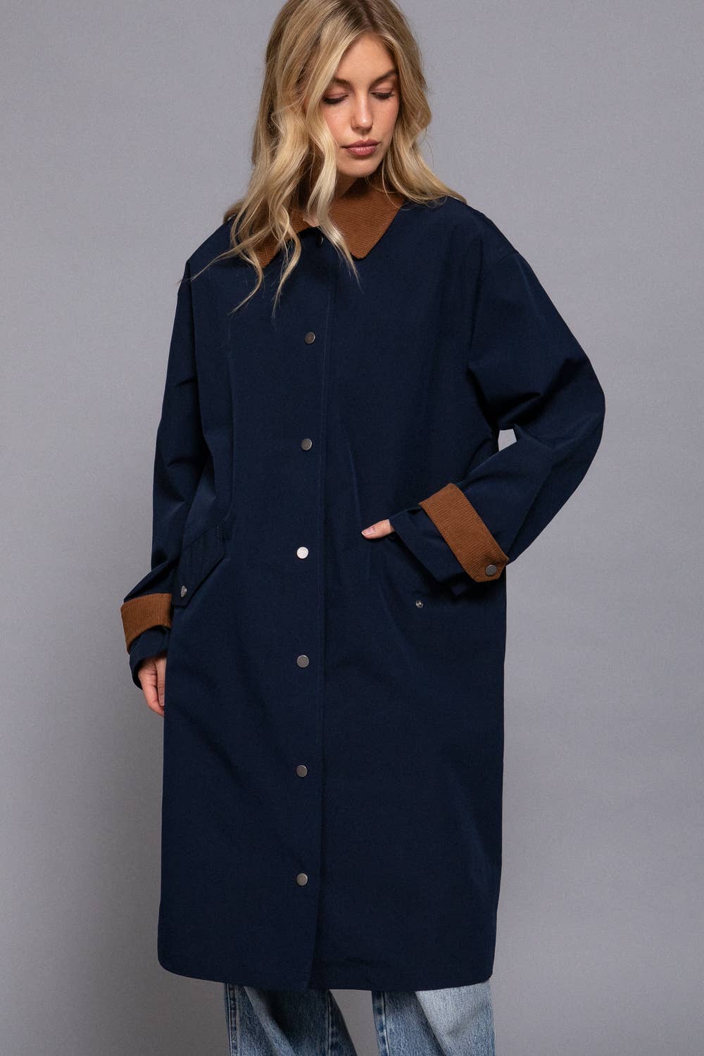 Long Sleeve Contrast Collar Button Down Long Trench Coat