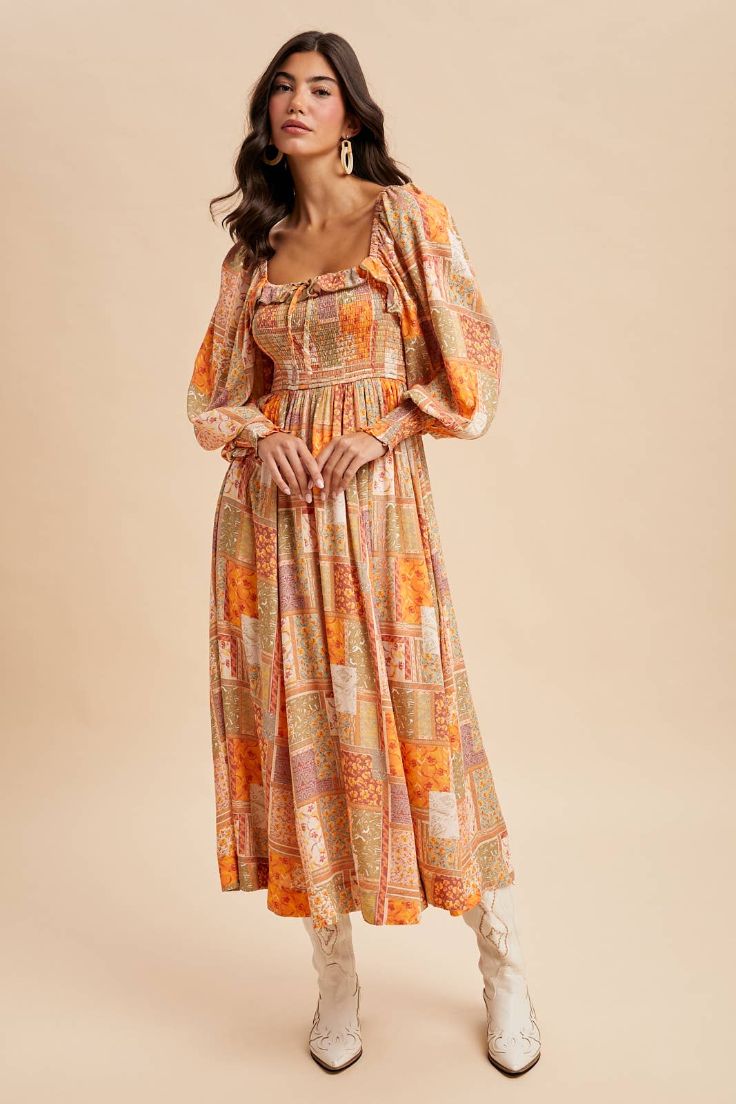 Smocked Ruffle Patchwork Dress