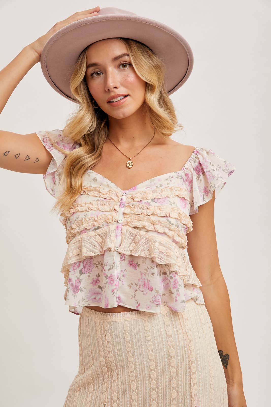 Floral Print, Lace Trimmed Two-Piece Set