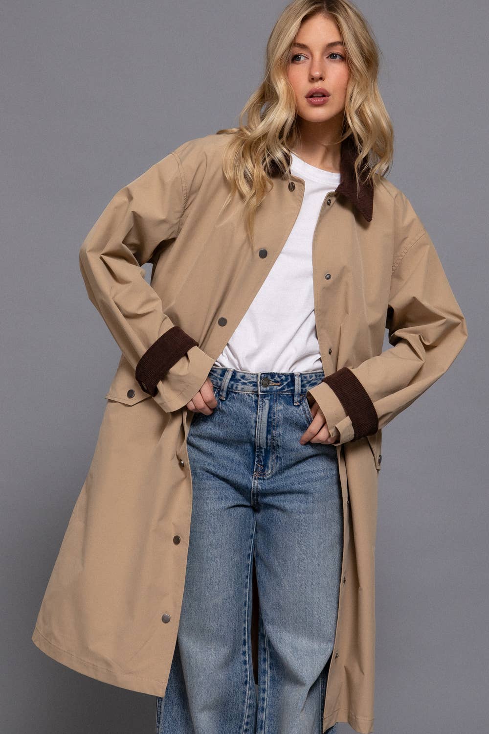 Long Sleeve Contrast Collar Button Down Long Trench Coat