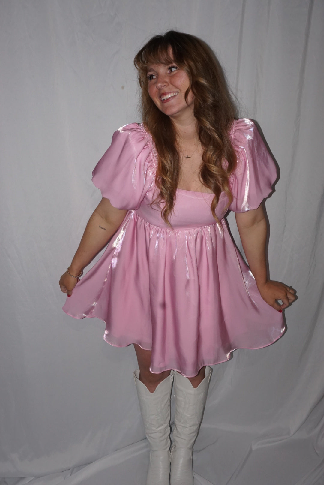 Puff Short Sleeve Ruffle Shiny Baby Doll Dress