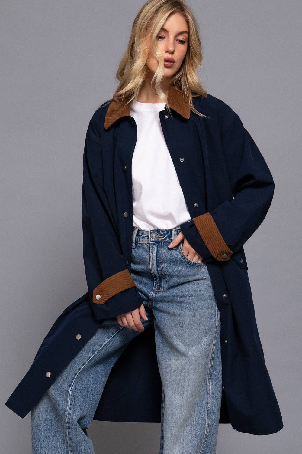 Long Sleeve Contrast Collar Button Down Long Trench Coat