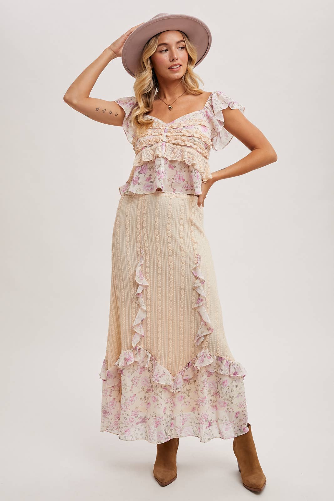Floral Print, Lace Trimmed Two-Piece Set