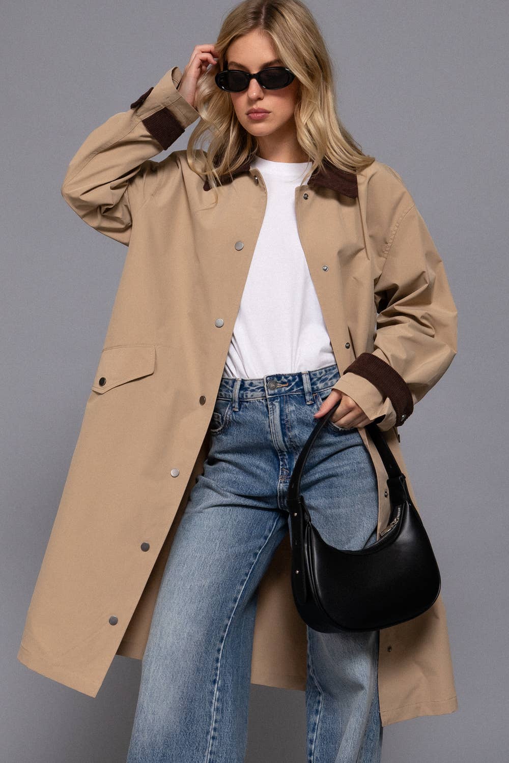 Long Sleeve Contrast Collar Button Down Long Trench Coat