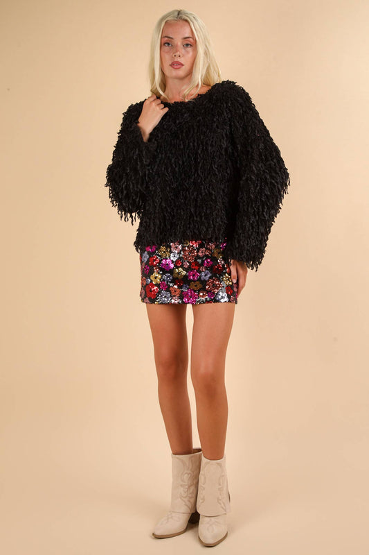 Holiday Fur Knit Top with Back Velvet Ribbon