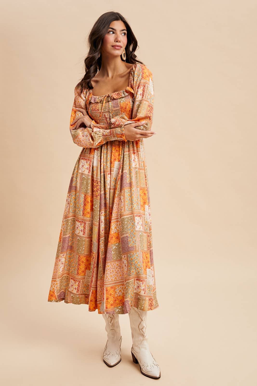 Smocked Ruffle Patchwork Dress