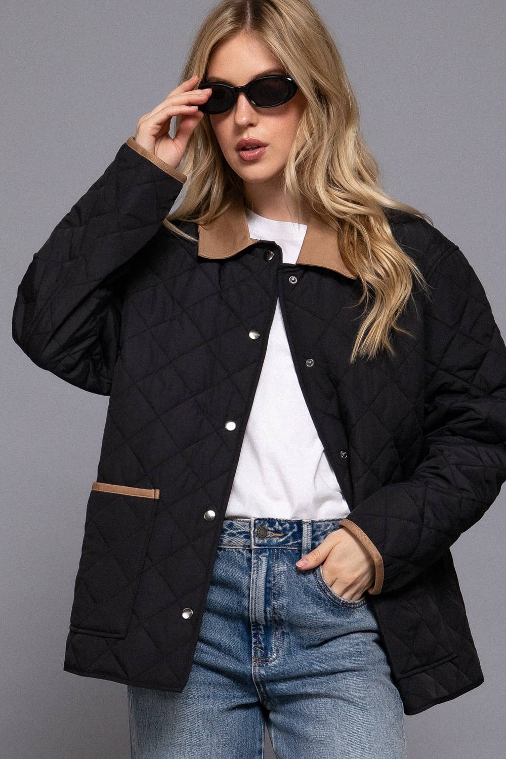 Long Sleeve Contrast Lapel Collar Quilted Puffer Work Jacket