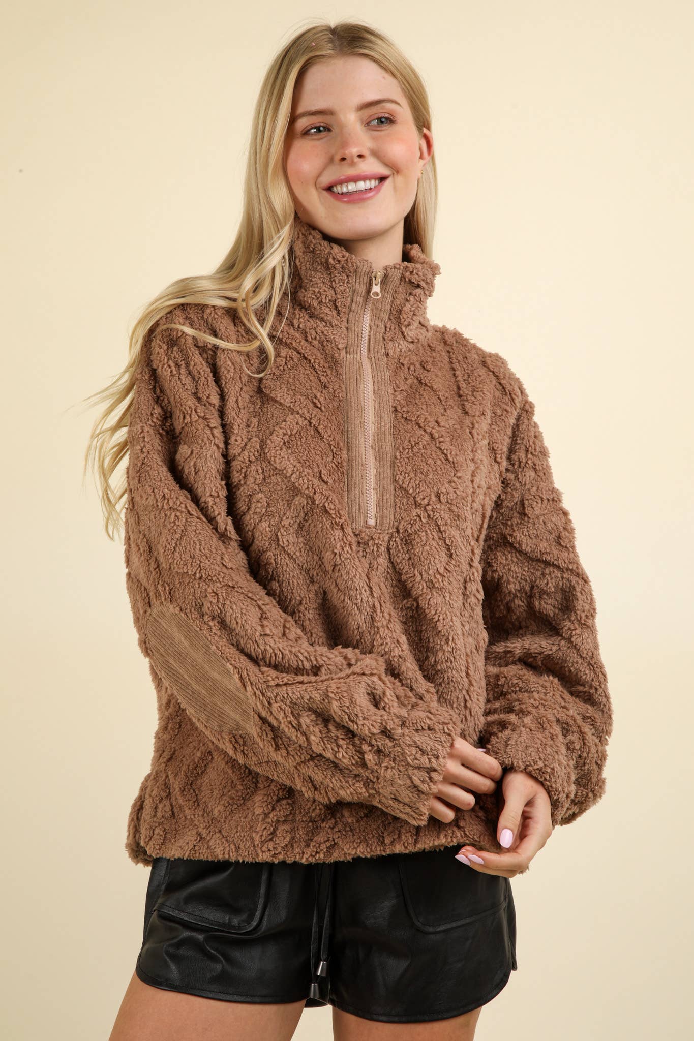 Fuzzy Fleece Cozy Cable Pattern Henley Top