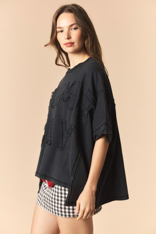 Game Day Patch Monochrome French Terry Top in Black
