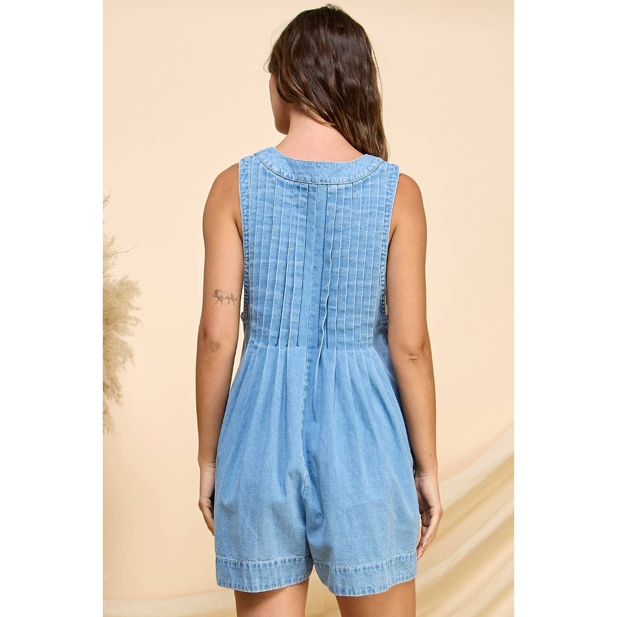 Front Pleated V Neck Sleeveless Denim Romper