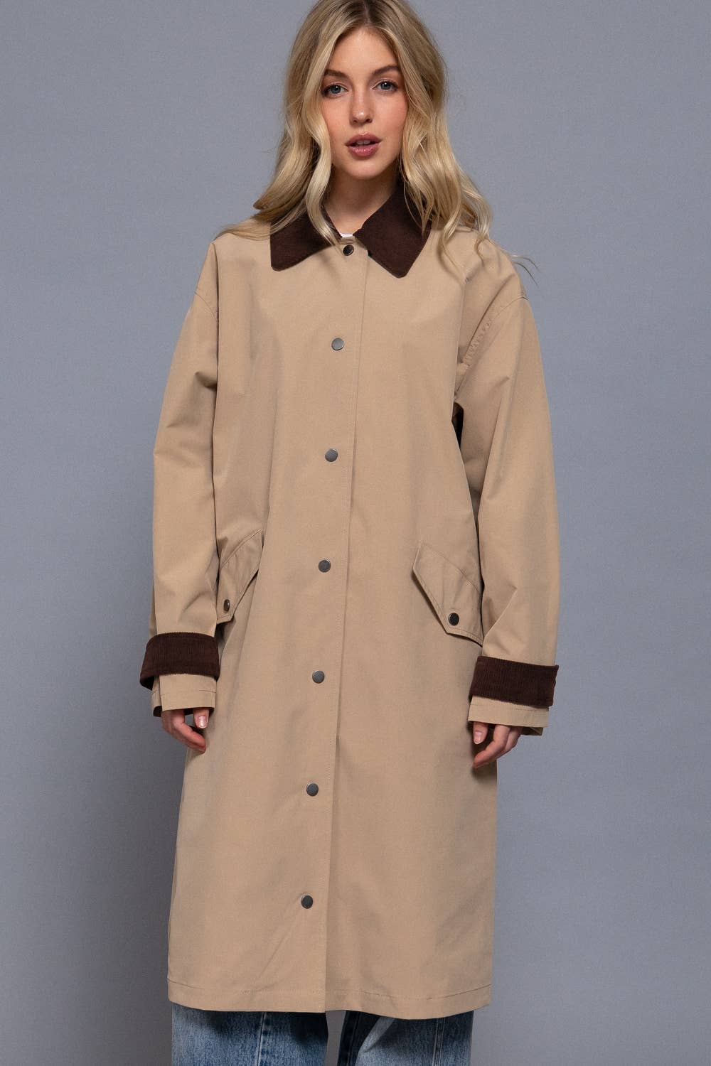 Long Sleeve Contrast Collar Button Down Long Trench Coat
