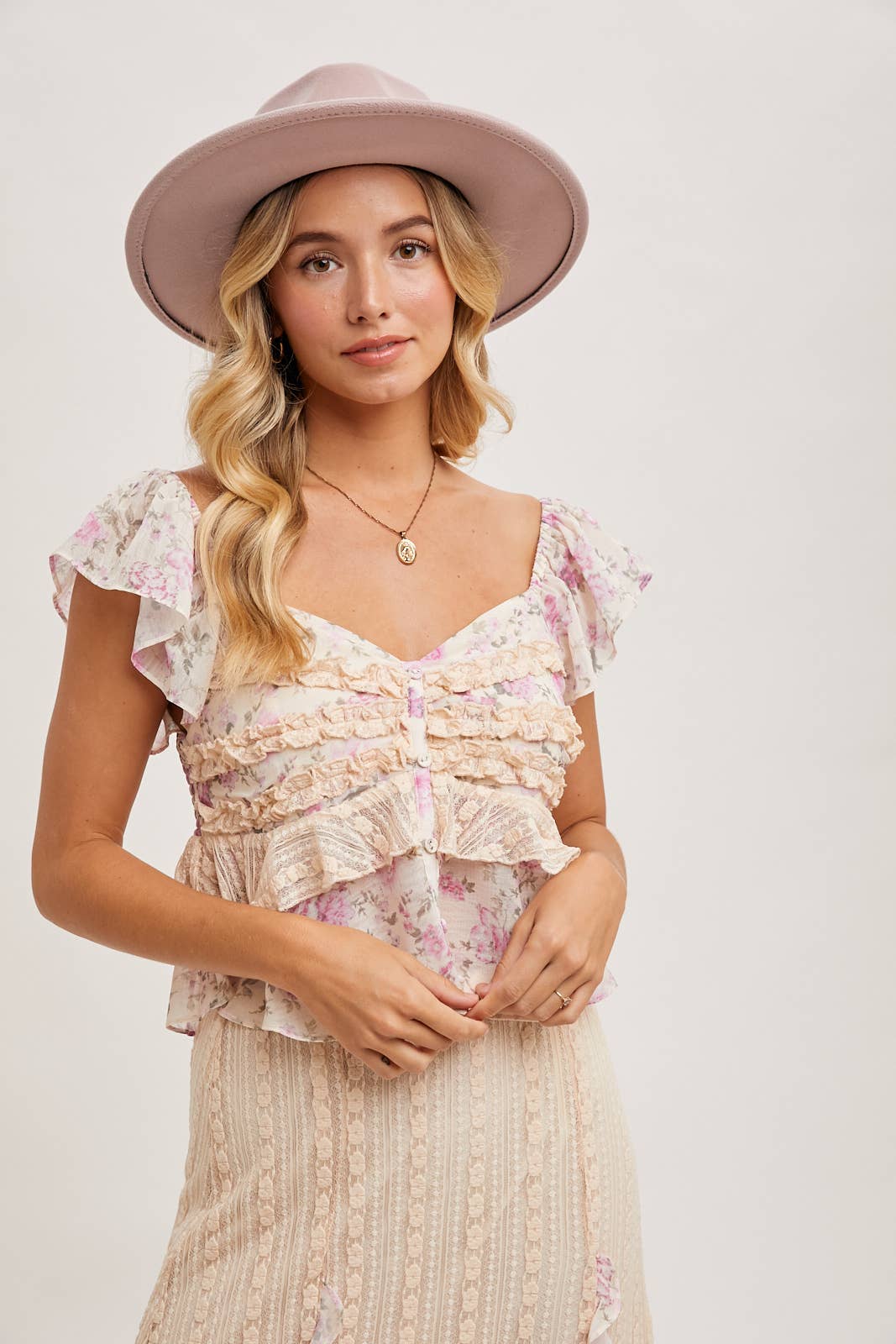 Floral Print, Lace Trimmed Two-Piece Set
