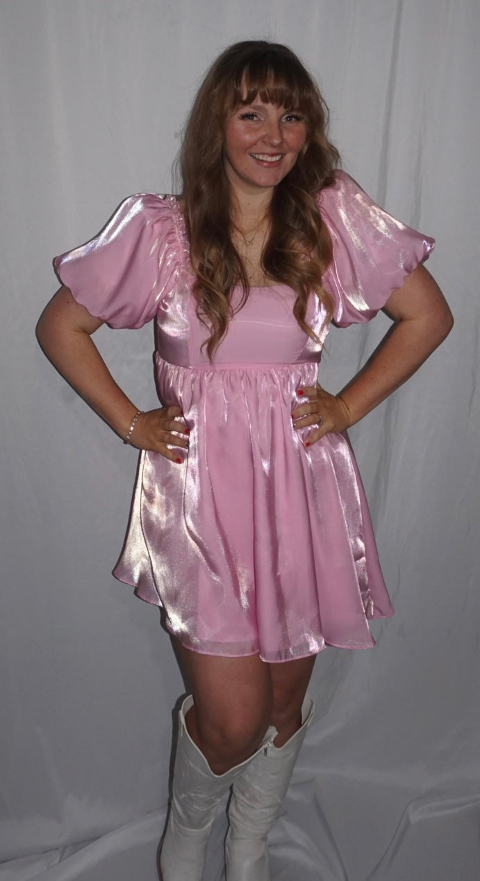 Puff Short Sleeve Ruffle Shiny Baby Doll Dress