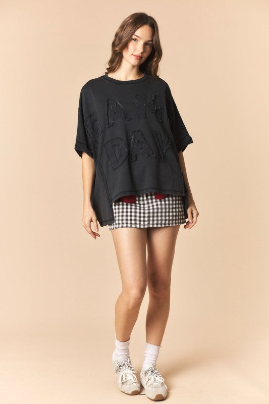 Game Day Patch Monochrome French Terry Top in Black