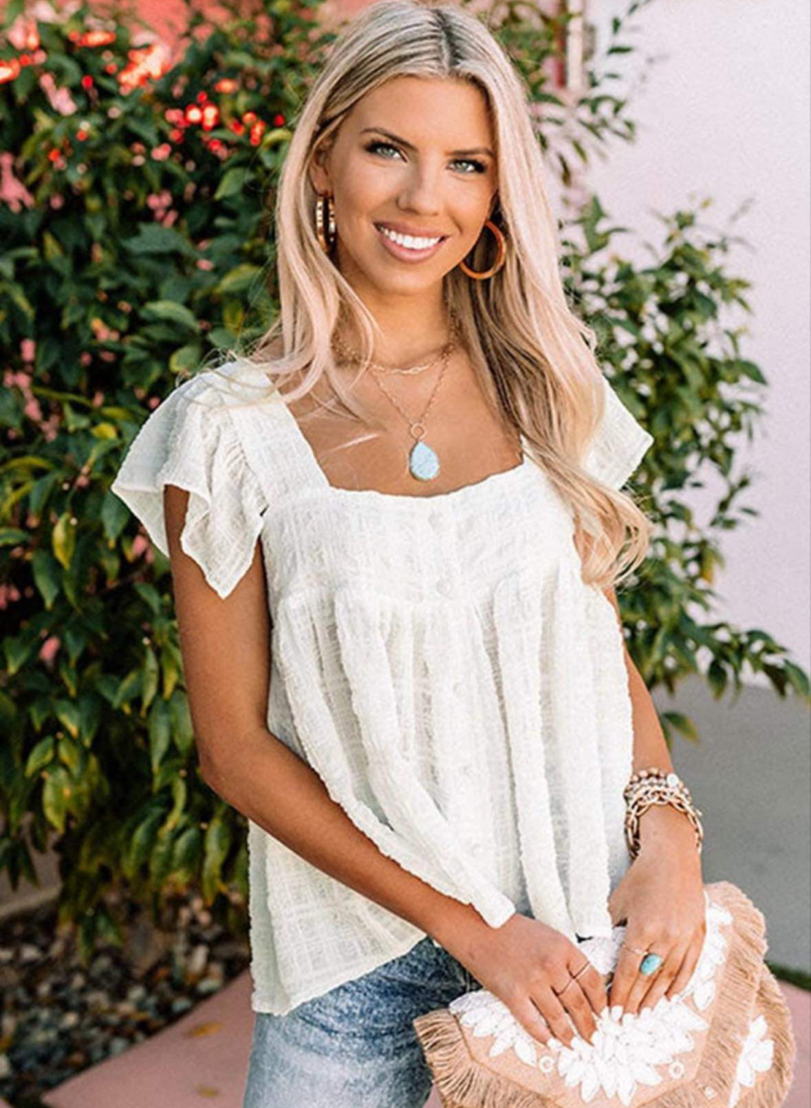 Textured White Square Neck Tank