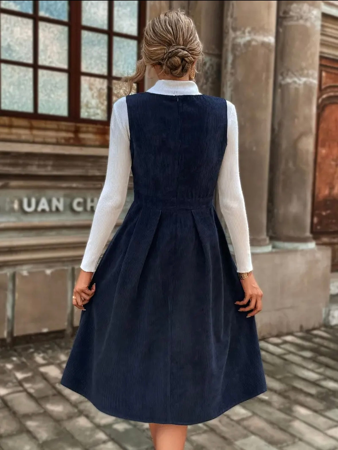 Navy Corduroy Overall Dress