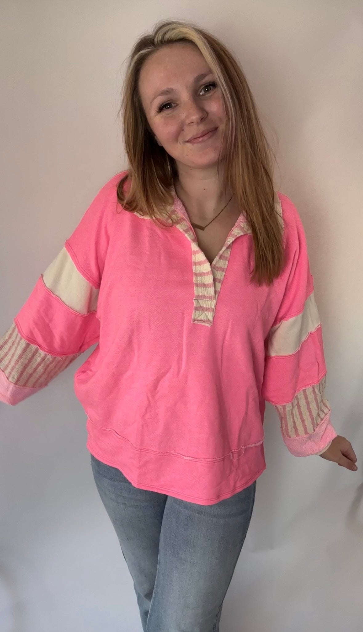 French Terry Knit Color-Block Collared Tunic Top