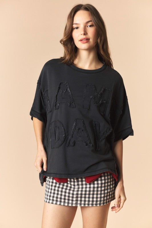 Game Day Patch Monochrome French Terry Top in Black