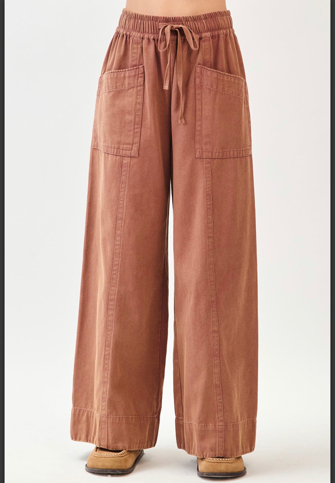 Mineral Wash Wide Leg Elastic Waist Twill Pants