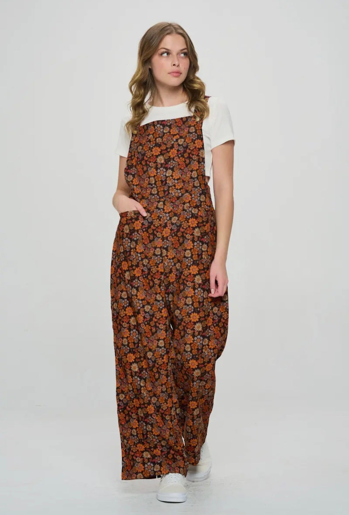 Fall Floral Print Corduroy Overalls