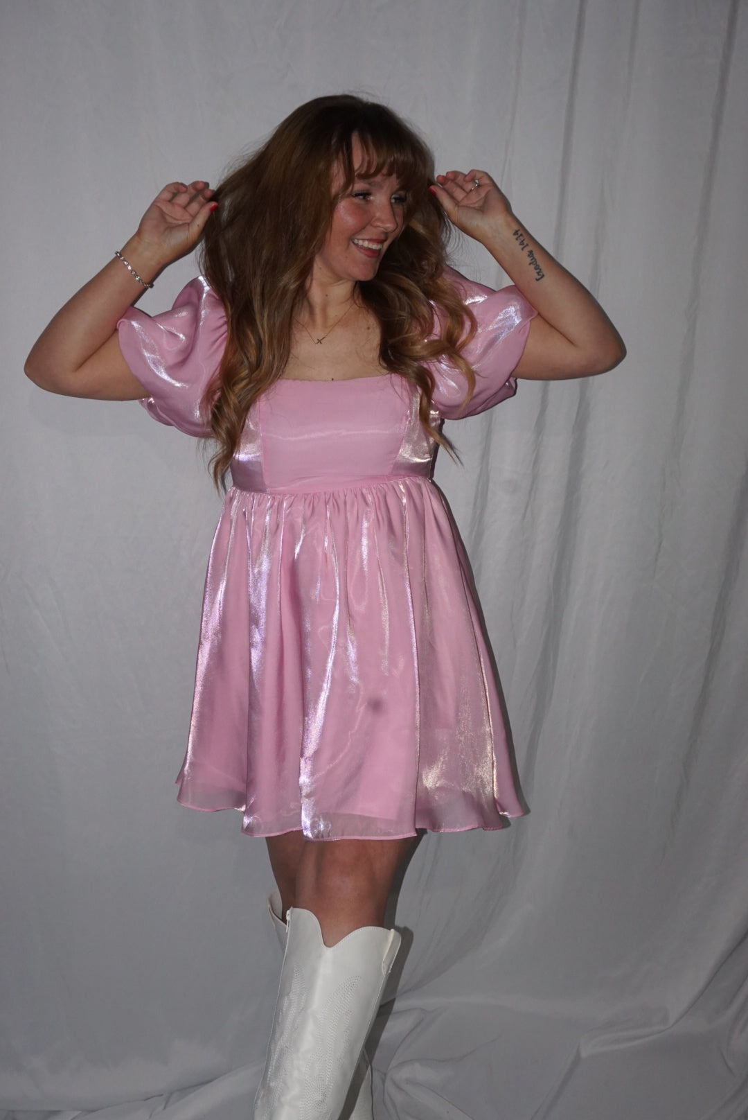 Puff Short Sleeve Ruffle Shiny Baby Doll Dress