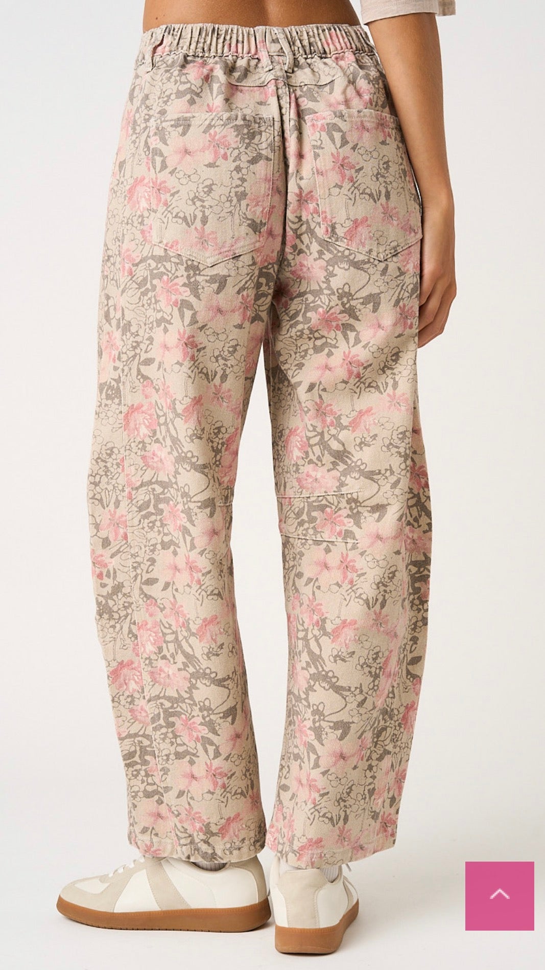 Vintage Look Floral Elastic Waist Barrel Jeans