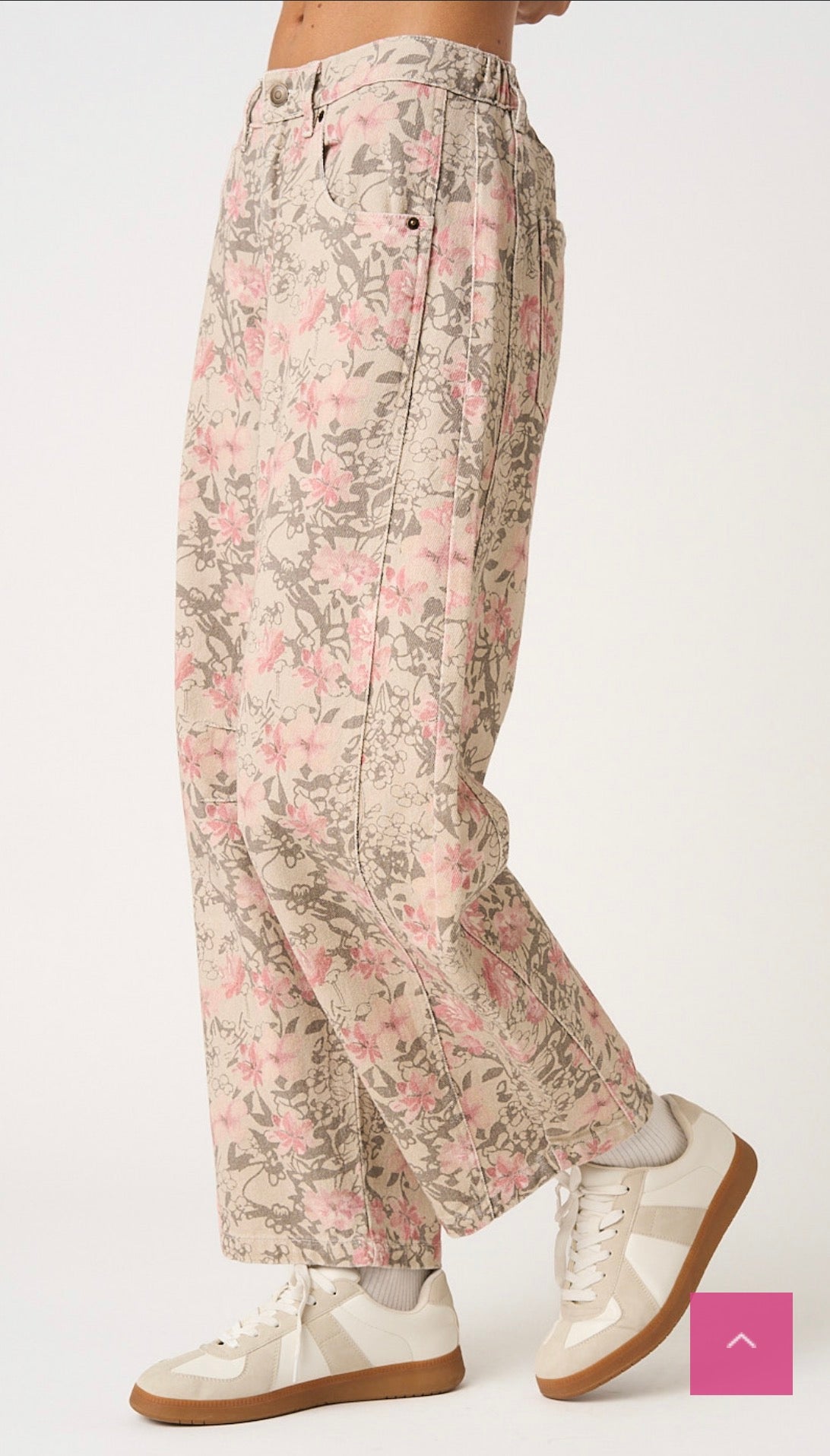 Vintage Look Floral Elastic Waist Barrel Jeans