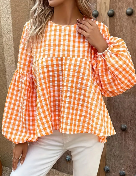 Balloon Sleeve Gingham Blouse