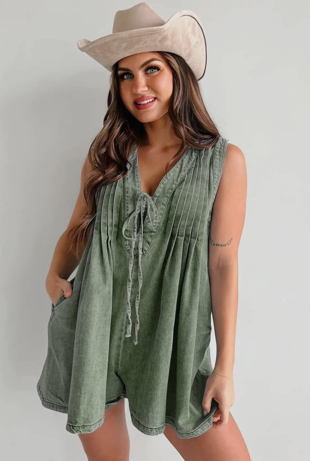 Front Pleated V Neck Sleeveless Denim Romper