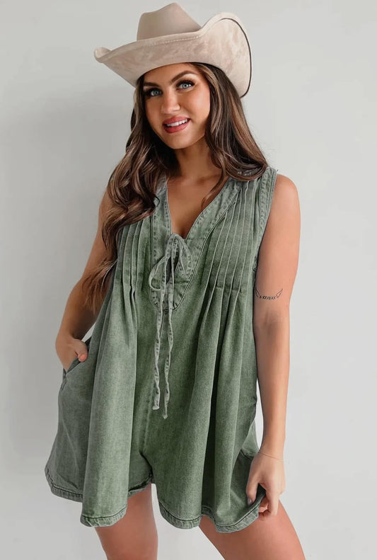 Front Pleated V Neck Sleeveless Denim Romper (Olive and Black)