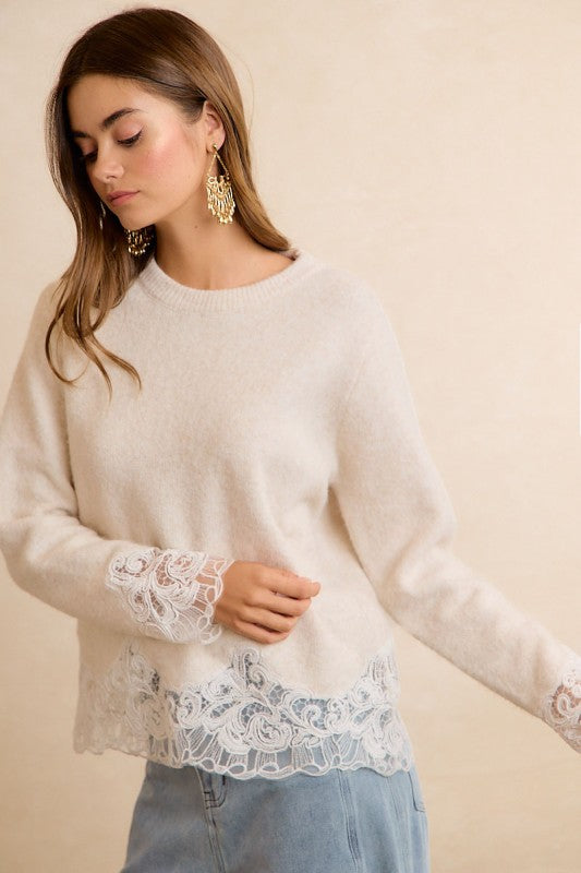 Lace Hem Detail Crew Neck Sweater