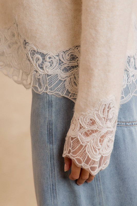 Lace Hem Detail Crew Neck Sweater