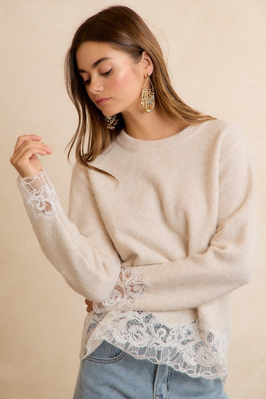 Lace Hem Detail Crew Neck Sweater