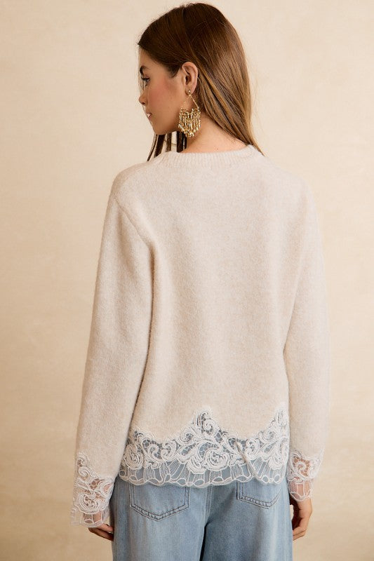 Lace Hem Detail Crew Neck Sweater