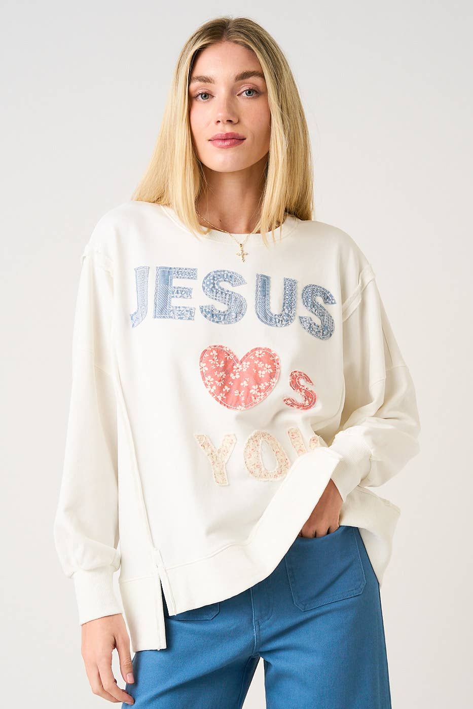 JESUS LOVES YOU PATCHWORK MINERAL WASH SWEATSHIRT