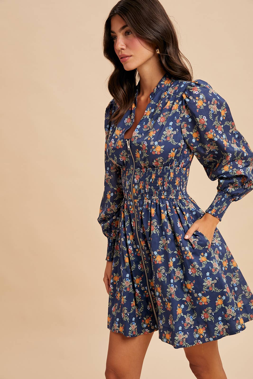 Zippered Floral Mini Dress