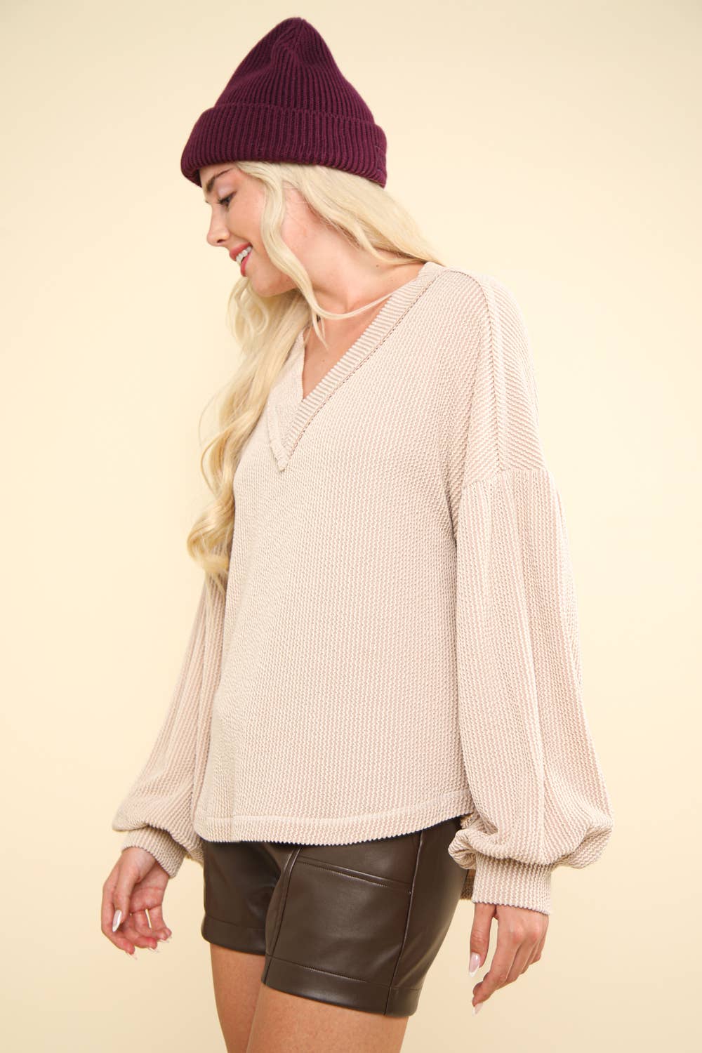 Two Tone Otto Ribbed V-Neck Oversized Knit Top