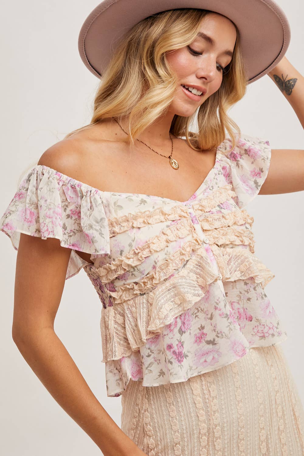 Floral Print, Lace Trimmed Two-Piece Set